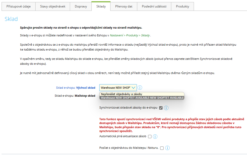 Výběr skladů pro synchronizaci stavu zásob