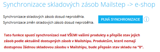 Stav přenosů dat mezi e-shopem a Mailstepem