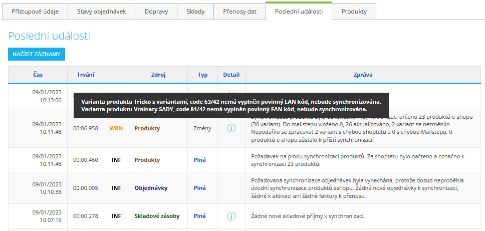 Výsledky synchronizací mezi e-shopem a Mailstepem