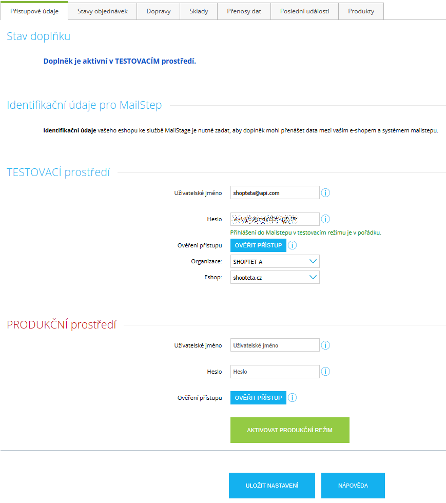 Přístupové údaje MailStep