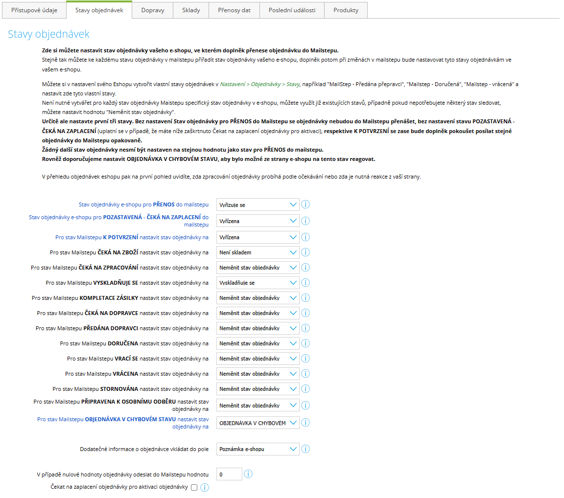 Nastavení stavů objednávek